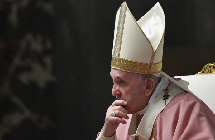 Pope Francis celebrates mass on the occasion of 500 years of Christianity in the Philippines, in St. Peter's Basilica, at the Vatican, Sunday, March 14, 2021. (Credit: Tiziana Fabi / Pool photo via AP.)