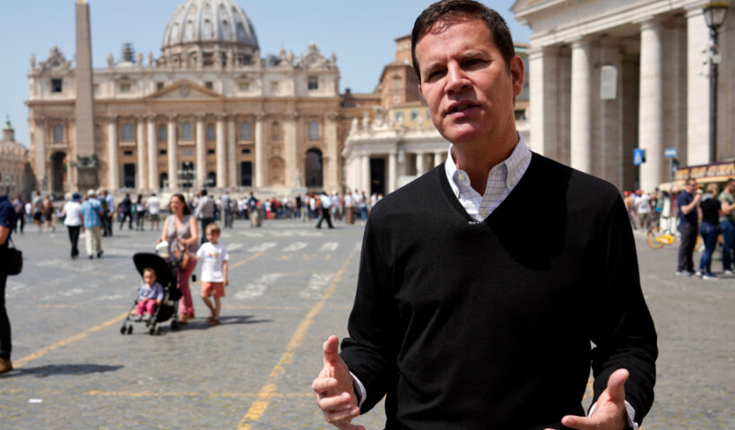 In this April 24, 2018 file photo, clergy sex abuse survivor and victim’s advocate Juan Carlos Cruz, from Chile, is interviewed by The Associated Press, outside the Vatican’s St. Peter’s Square, in Rome, Tuesday, April 24, 2018. Pope Francis on Wednesday, March 24, 2021 named Cruz, who helped uncover a clerical sex abuse scandal, to a Vatican commission which advises the pontiff on how to protect children from pedophile clergy. (AP Photo/Andrew Medichini, file)