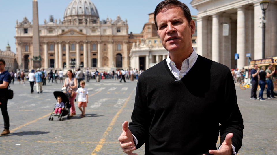 In this April 24, 2018 file photo, clergy sex abuse survivor and victim’s advocate Juan Carlos Cruz, from Chile, is interviewed by The Associated Press, outside the Vatican’s St. Peter’s Square, in Rome, Tuesday, April 24, 2018. Pope Francis on Wednesday, March 24, 2021 named Cruz, who helped uncover a clerical sex abuse scandal, to a Vatican commission which advises the pontiff on how to protect children from pedophile clergy. (AP Photo/Andrew Medichini, file)