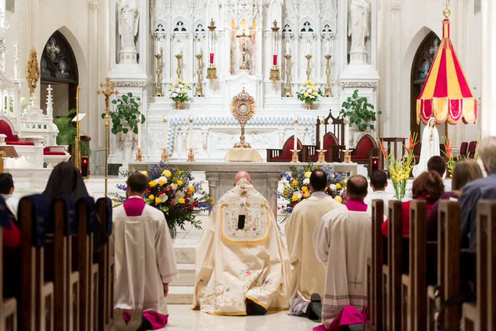 DENVER, CO - OCTOBER 13: Denver Archbishop Samuel J. Aquila prays before the Blessed Sacrament during the Consecration of the Archdiocese of Denver to the Immaculate Heart of Mary at the Cathedral Basilica of the Immaculate Conception on October 13, 2017, in Denver, Colorado. (Photo by Anya Semenoff/Denver Catholic)