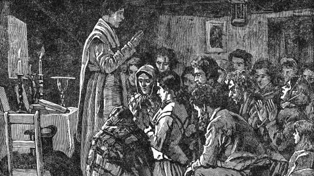 Illustration of a priest conducting Mass in secret during the penal era in Ireland.