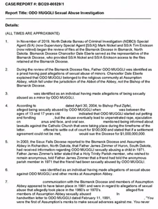 Report on Rev. Odo Muggli OSB, page 1, North Dakota Bureau of Criminal Investigation, Case Master Report BCI 20-00529