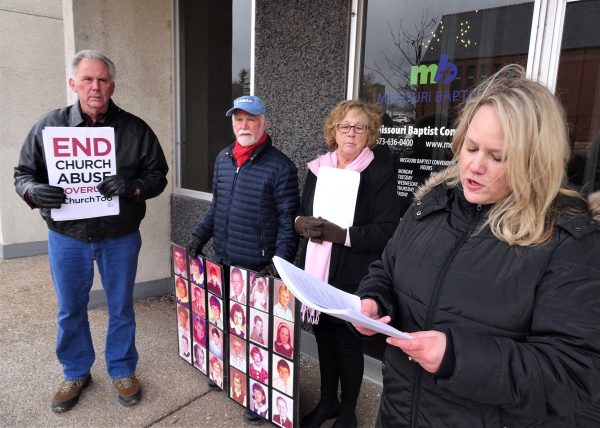 Cheryl Summers of For Such a Time as This Rally (right) calls for a state investigation of Baptist clergy while standing in front of the Missouri Baptist Convention headquarters on Feb. 26, 2020, joined by advocates for victims of clergy sexual abuse. (Brian Kaylor / Word&Way)