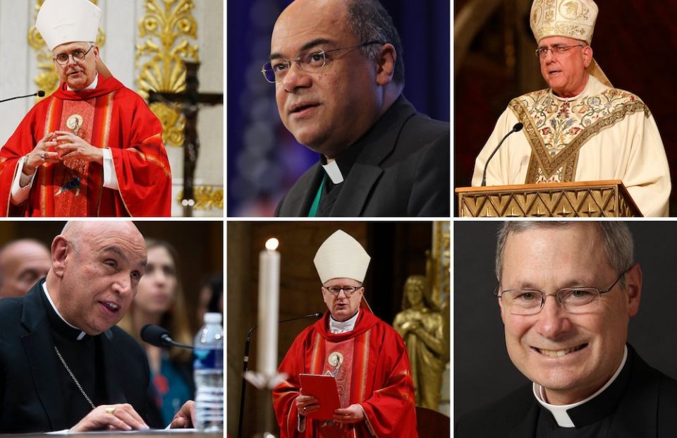 Chairmen of six U.S. Conference of Catholic Bishops' committees, from top-left: Archbishop Paul Coakley of Oklahoma City, Committee on Domestic Justice and Human Development; Bishop Shelton Fabre of Houma-Thibodaux, Louisiana, Ad Hoc Committee Against Racism; Archbishop Joseph Naumann of Kansas City, Kansas, Committee on Pro-Life Activities; Auxiliary Bishop Mario Dorsonville of Washington, Committee on Migration; Bishop Michael Barber of Oakland, Califorina, Committee on Catholic Education; and Bishop David Malloy of Rockford, Illinois, Committee on International Justice and Peace (CNS composite / Nancy Wiechec, Paul Haring, Bob Roller, Tyler Orsburn, Greg Shemitz)