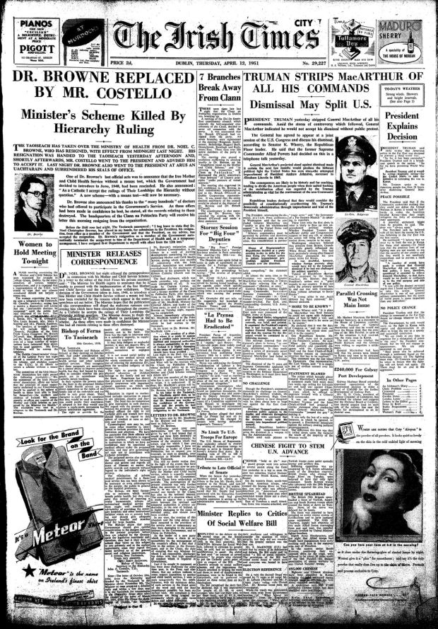 The Irish Times front page from April 12th, 1951, revealing the influence of the Catholic Church on government policy