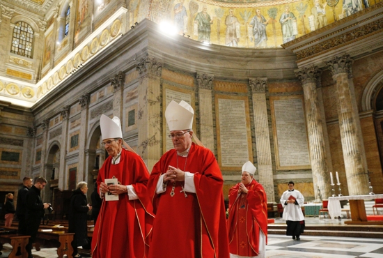 Bishop Michael Hoeppner of Crookston, front right, walks alongside Bishop John LeVoir of New Ulm Jan. 15, 2020, after celebrating Mass with U.S. bishops at the Basilica of St. Paul Outside the Walls in Rome during the region’s “ad limina” visits to the Vatican. Behind them is Archbishop Bernard Hebda of St. Paul and Minneapolis. The Holy See announced April 13 that Pope Francis asked for and received Bishop Hoeppner’s resignation from pastoral governance of the Diocese of Crookston, following an investigation into allegations he mishandled clergy abuse claims. Archbishop Hebda oversaw the investigation, which began in August 2019. Bishop Hoeppner is reportedly the first sitting U.S. bishop to be investigated under “Vos estis lux mundi,” an edict from Pope Francis that established universal procedural norms for addressing clergy sexual abuse and a means for holding bishops accountable for their actions. CNS | Paul Haring