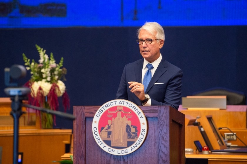 Los Angeles County Dist. Atty. George Gascón’s office announced charges against a former Catholic priest accused of sexually assaulting four children at churches in Palmdale and Redondo Beach in the late 1990s and early 2000s.(Bryan Chan / Los Angeles County)