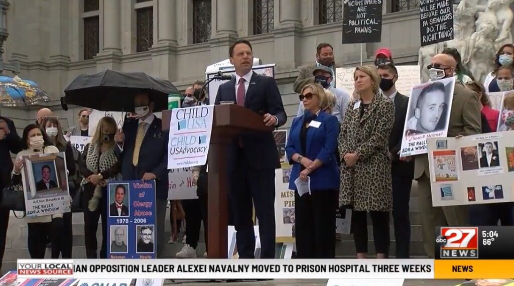 Pennsylvania Attorney General Josh Shapiro speaks to survivors at the event.