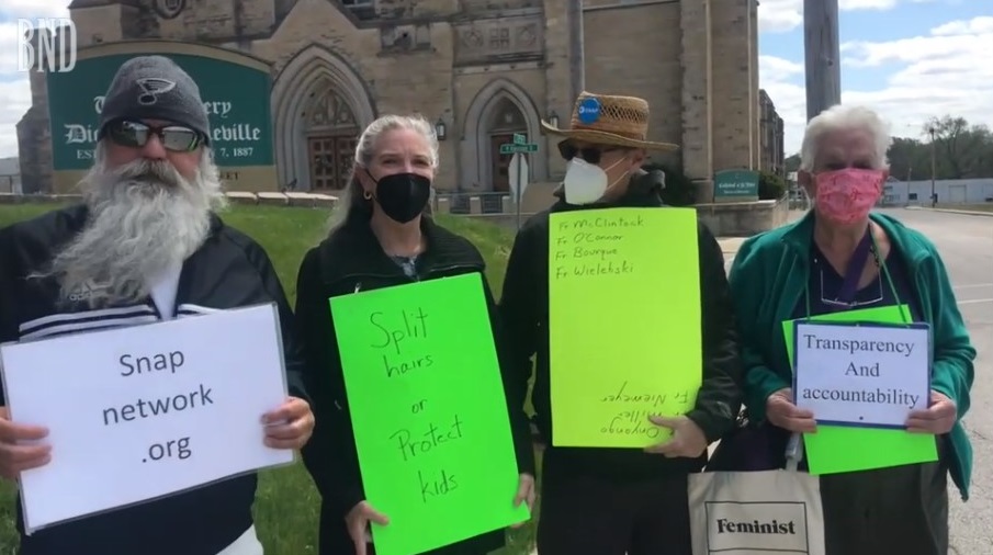 Screen shot from video: Demonstrators in Belleville including Lena Woltering and David Clohessy.