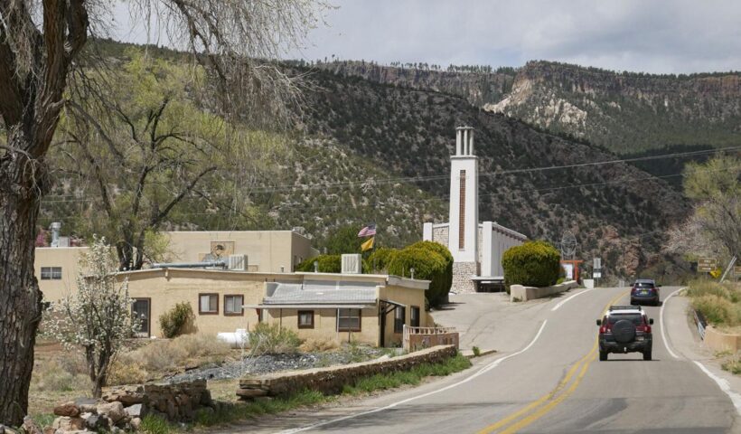 The tower of Mary, Mother of Priests Catholic Church rises along N.M. 4 in Jemez Springs. Matt Dahlseid / The New Mexican