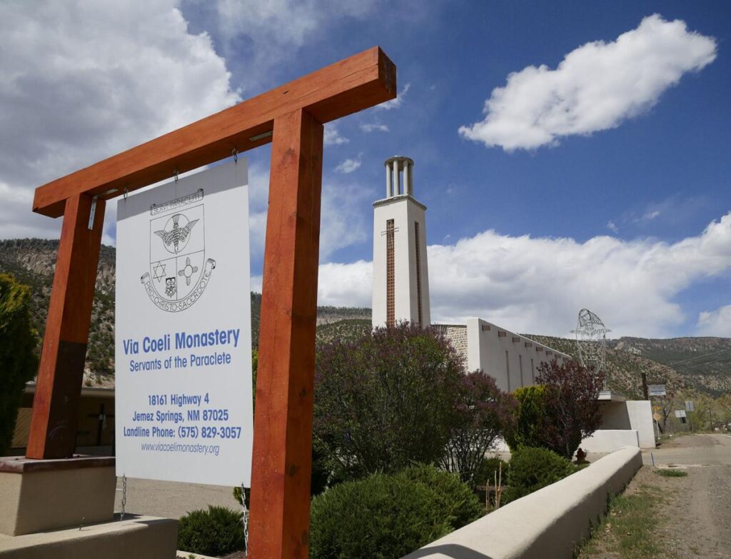 A sign for the Via Coeli Monastery hangs in front of Mary, Mother of Priests Catholic Church in Jemez Springs. Matt Dahlseid / The New Mexican