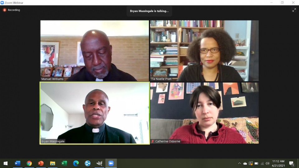 Resurrectionist Fr. Manuel Williams, top left, director of Resurrection Catholic Missions of the South, Inc. and pastor of Resurrection Catholic Church in Montgomery, Alabama; Tia Noelle Pratt, top right, sociologist of religion and director of Mission Engagement and Strategic Initiatives at Villanova University; and Fr. Bryan Massingale, bottom left, professor of theological and social ethics and the James and Nancy Buckman Chair in Applied Christian Ethics at Fordham University, were panelists in Fordham University's "Black Communities and the Clerical Abuse Crisis" panel, April 21, moderated by historian Catherine Osborne, bottom right, coordinator of Fordham's Taking Responsibility program and co-editor of "American Catholic History: A Documentary Reader." (NCR screenshot/Madeleine Davison)