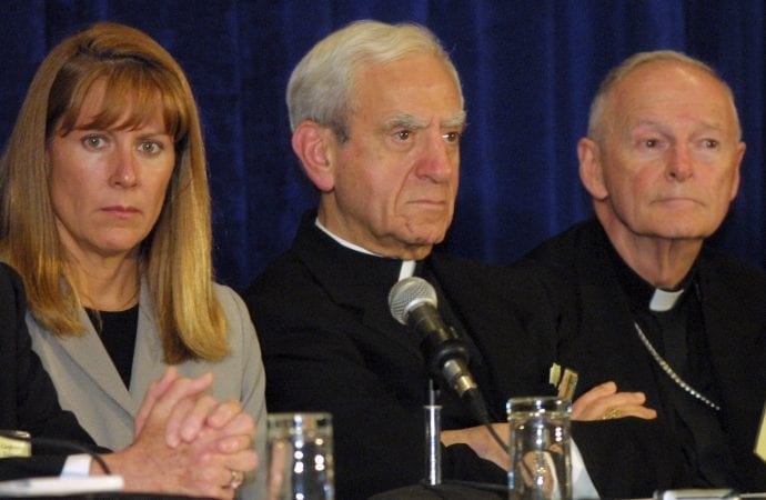 At the USCCB General Assembly in Dallas in June 2002, SNAP President Barbara Blaine meets the press with Cardinal Anthony Bevilacqua of Philadelphia and Cardinal Theodore McCarrick of Washington.