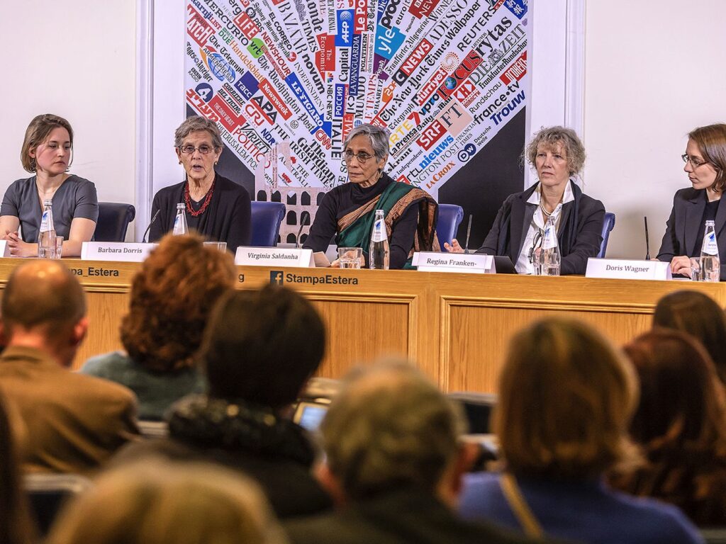 Voices of Faith press conference in Rome on February 19, 2019 before the abuse summit, with Zuzanna Flisowska, Barbara Dorris, Virginia Saldanha, Regina Franken-Wendelstorf, and Doris Wagner.  Photographer unknown.