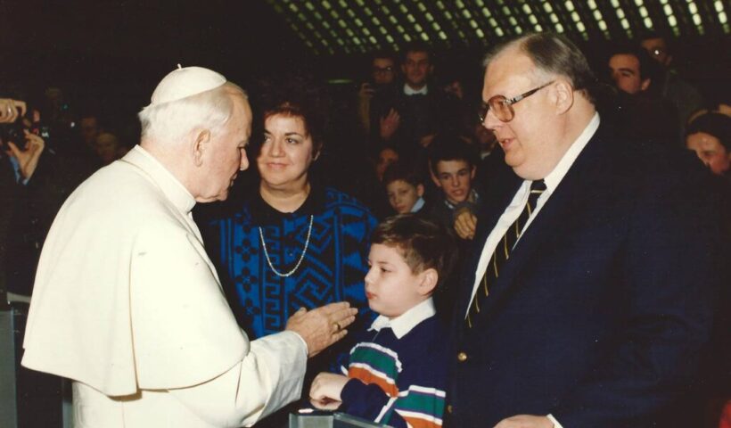 James A. Serritella with Pope John Paul II in 1997. His influence extended from the National Conference of Catholic Bishops to the U.S. Supreme Court. Credit via Serritella family