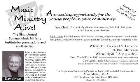 Detail of PDF flyer for the 2007 Music Ministry Alive summer program featuring David Haas (NCR screenshot)