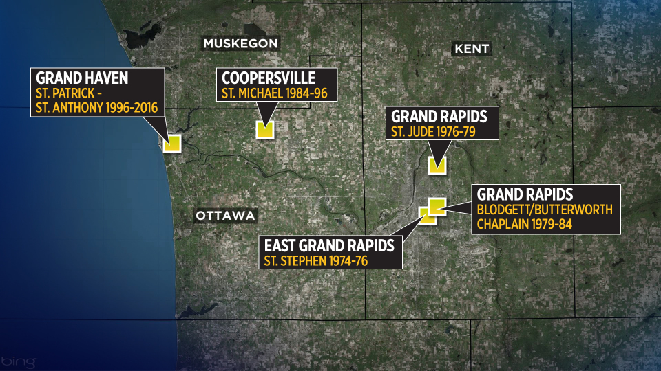 A map shows where William Langlois worked as a priest within the Catholic Diocese of Grand Rapids.