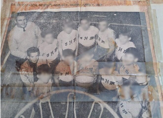 Edwin Gaynor and his basketball team at Immaculate Heart of Mary in Scarsdale in 1967. Standing in front of Gaynor is Gregory Morra, one of 21 former students who allege in lawsuits that Gaynor sexually abused them