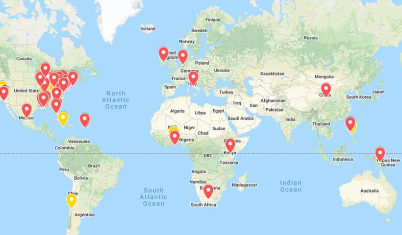 The yellow markers show where Society of the Divine Word clerics were credibly accused of having abused children. The reds dots are places where the same priests and brothers served during their careers. The locations of the markers are approximations. Frank Main, Robert Herguth / Sun-Times