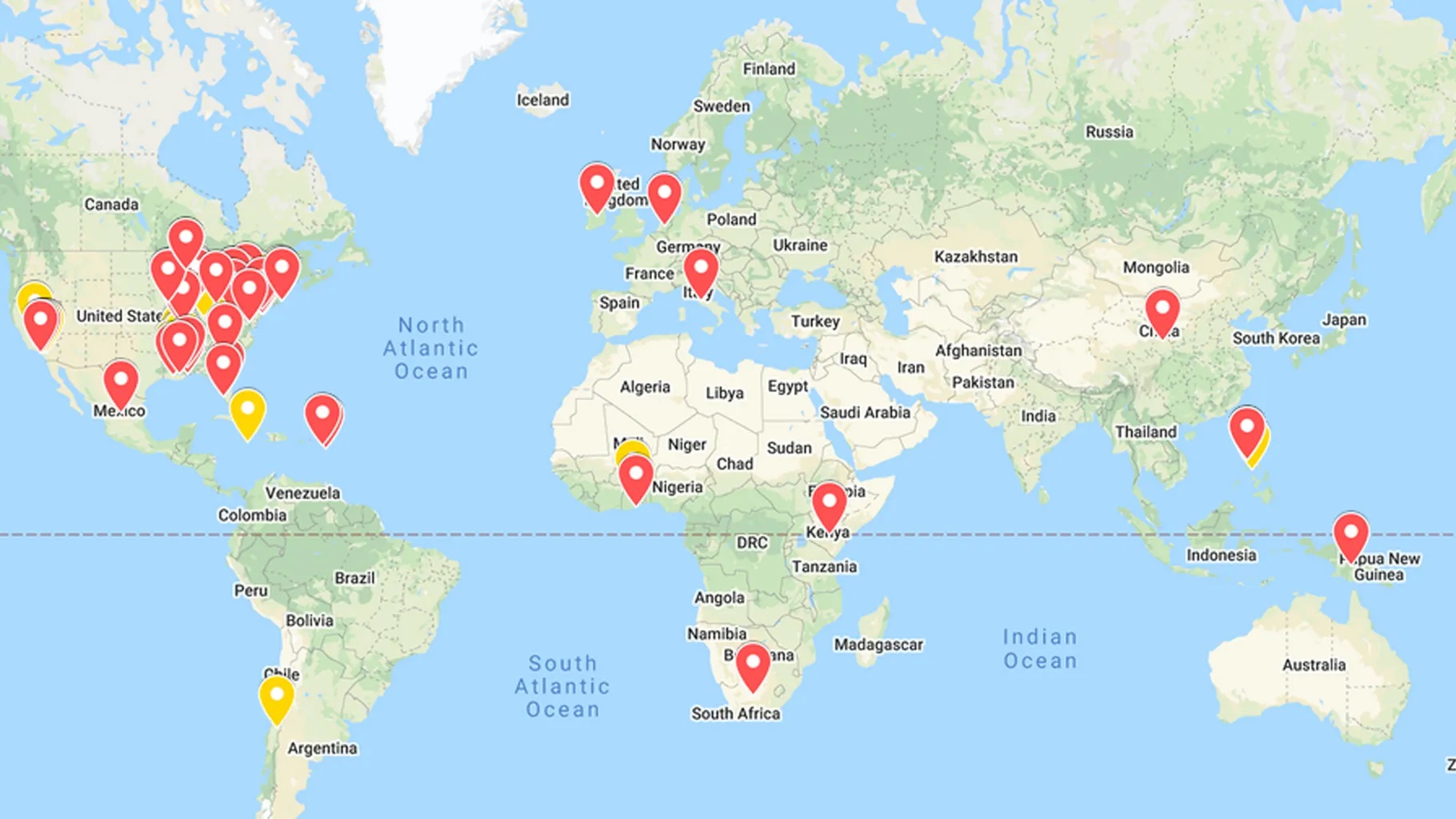 The yellow markers show where Society of the Divine Word clerics were credibly accused of having abused children. The reds dots are places where the same priests and brothers served during their careers. The locations of the markers are approximations. Frank Main, Robert Herguth / Sun-Times