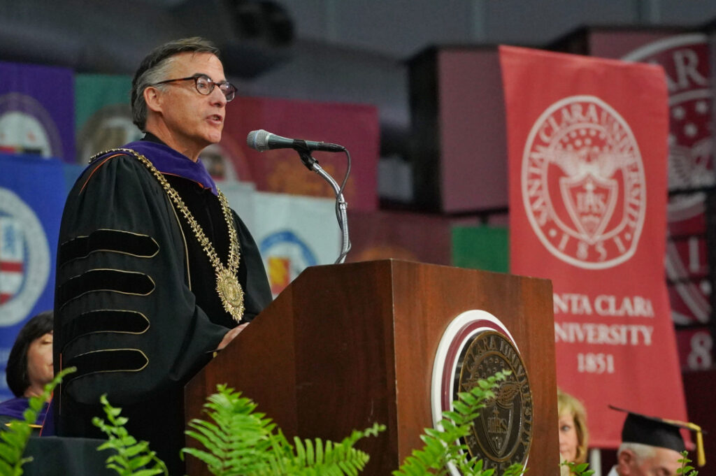 Reverend Kevin O’Brien, S.J. addresses members of the university community after being robed during his installation ceremony as the 29th President of Santa Clara University. O’Brien succeeds Michael Engh, S.J. who served from 2009 to 2019. (Photo by Don Feria for the Mercury News)