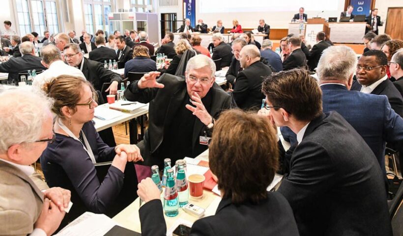 Auxiliary Bishop Karlheinz Diez of Fulda, Germany, speaks Jan. 31, 2020, with synodal assembly participants in Frankfurt. (CNS / KNA / Harald Oppitz)