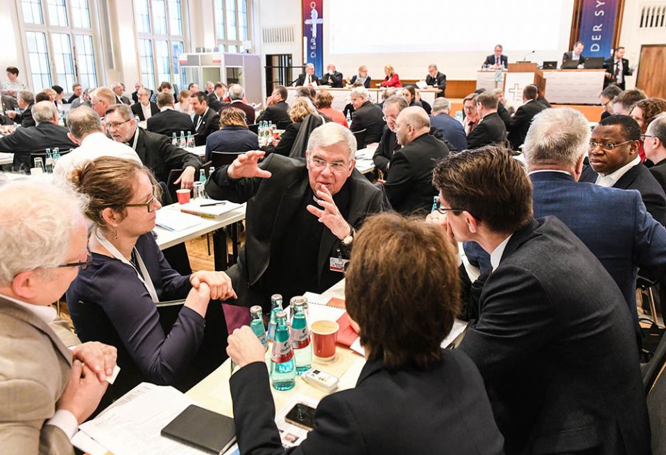 Auxiliary Bishop Karlheinz Diez of Fulda, Germany, speaks Jan. 31, 2020, with synodal assembly participants in Frankfurt. (CNS / KNA / Harald Oppitz)