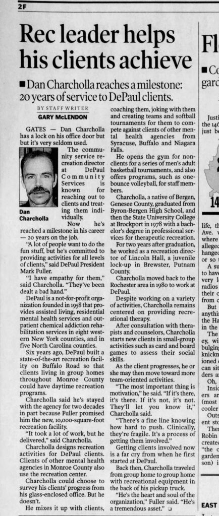 Democrat And Chronicle Wed Nov 15 2000 feature on Dan Charcolla DePaul Community Services. 