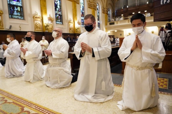 Seminarians kneel in the sanctuary during their ordination to the diaconate Nov. 7, 2020, at St. Joseph's Seminary in Yonkers, N.Y. (CNS / Gregory A. Shemitz)