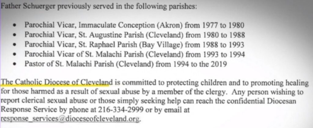 Excerpt from Cleveland diocese letter showing Fr. Anthony J. Schuerger's assignments. Screen shot from WKYC video report.