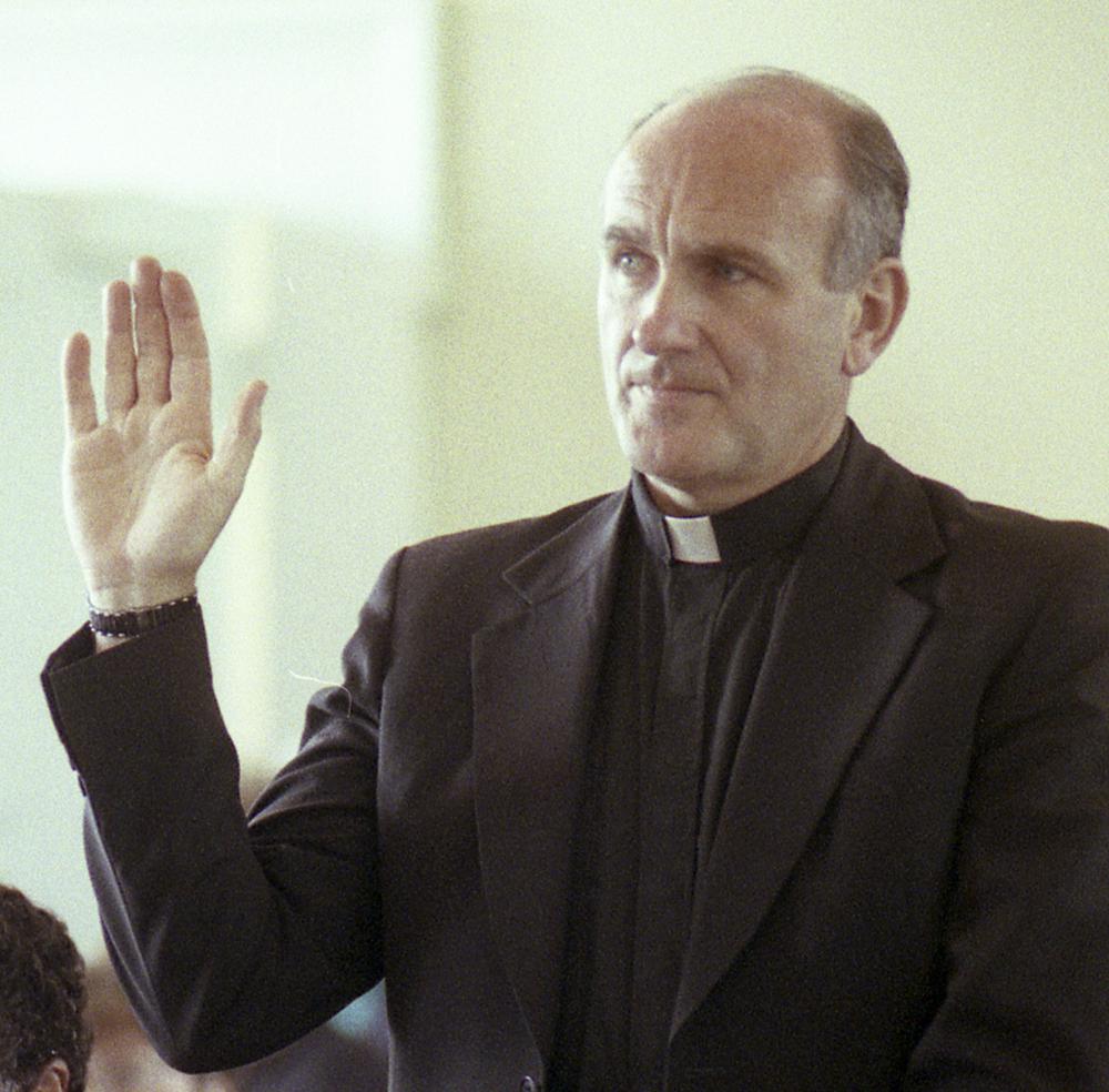 FILE — Rev. Richard R. Lavigne, a Roman Catholic priest, pleads guilty in superior court to two counts of indecently assaulting two adolescent boys, in this June 25, 1992 file photo, in Newburyport, Mass. Investigators were preparing to seek an arrest warrant for the defrocked Roman Catholic priest long considered a suspect in the 1972 killing of a western Massachusetts altar boy shortly before his death last week, a prosecutor said Monday, May 24, 2021. (AP Photo/Scott Maguire, File)