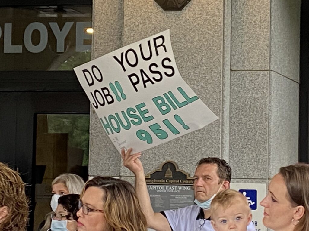 Survivors of clerical sexual abuse rally at the state Capitol on Monday, 5/24/21, calling for passage of legislation that would create a two-year window allowing them to sue in civil court (Capital-Star photo by John L. Micek).