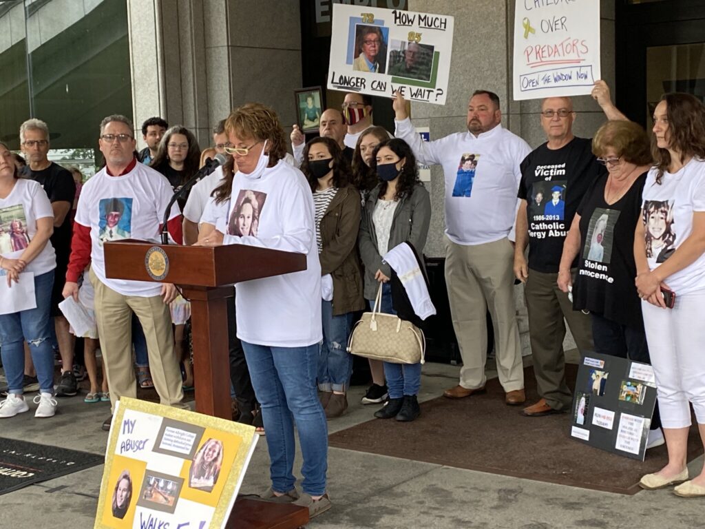 A sign at a rally calling for the state Senate to vote on a long-delayed bill granting clergy sexual abuse survivors an expanded right to sue in civil court.