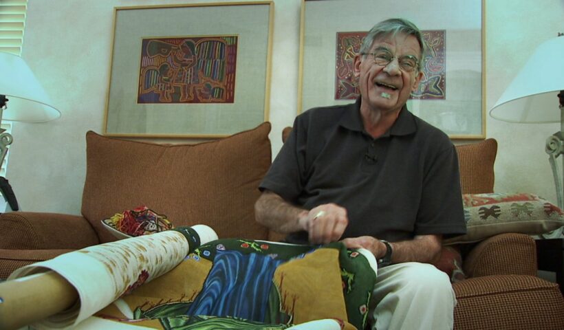 Richard Sipe at home in La Jolla, California, working on his tapestry of Torcello's Last Judgment. Still from Sipe: Sex, Lies, and the Priesthood