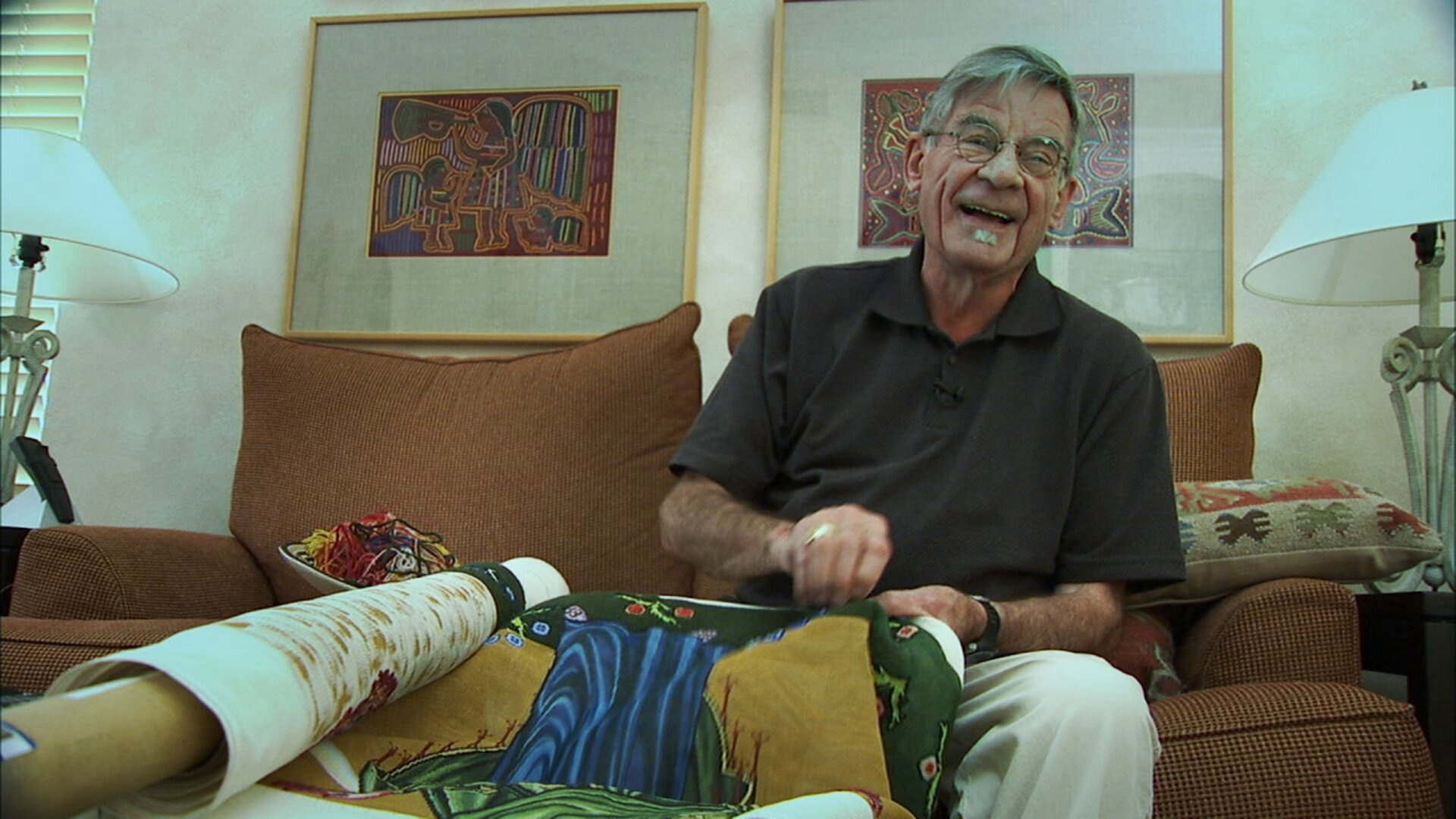 Richard Sipe at home in La Jolla, California, working on his tapestry of Torcello's Last Judgment. Still from Sipe: Sex, Lies, and the Priesthood