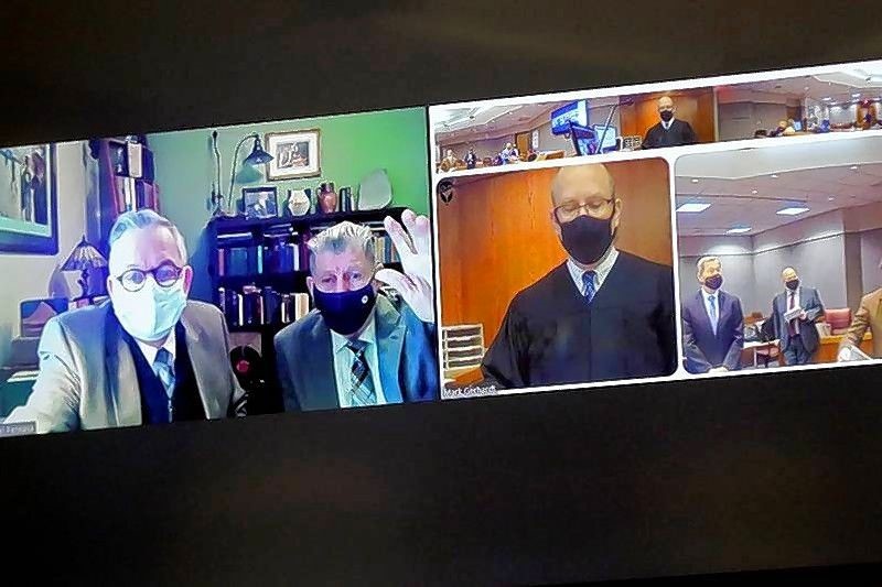 In this file photo from March 26, 2021, Michael Penkava, left, and Colin Scott appear over video conference in court with Judge Mark Gerhardt, center, at the Michael J. Sullivan Judicial Center in Woodstock. Matthew Apgar/Shaw Media