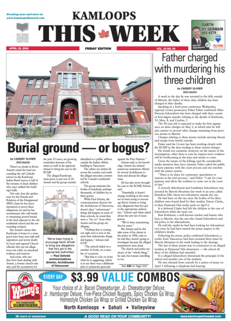 The front page of the April 25, 2008, edition of Kamloops This Week featured a story on claims of a mass grave of children near the former Kamloops Indian Residential School. Photograph By KTW