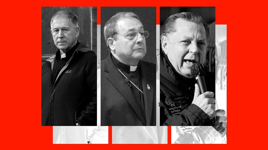 LEFT: REV. ROBERT "BUD" (KEVIN E. SCHMIDT/QUAD CITY TIMES VIA AP) CENTER: BISHOP ROBERT GUGLIELMONE OF THE ROMAN CATHOLIC DIOCESE OF CHARLESTON (AP PHOTO/BRUCE SMITH). RIGHT: ACTIVIST CATHOLIC PRIEST REV. MICHAEL PFLEGER (KAMIL KRZACZYNSKI/AFP VIA GETTY IMAGES) | COLLAGE BY CATHRYN VIRGINIA