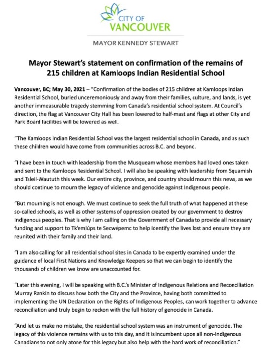 Statement by Vancouver Mayor Kennedy Stewart