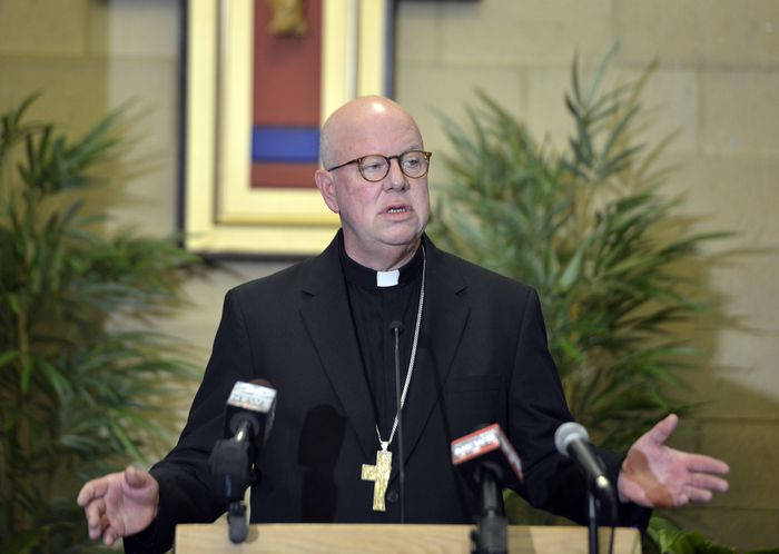 The Most Rev. William D. Byrne, bishop of the Roman Catholic Diocese of Springfield, speaks with reporters at a press conference at the Bishop Marshall Center in Springfield on Wednesday, June 2, 2021. (Don Treeger / The Republican)