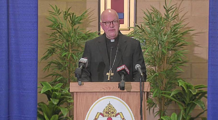 Bishop William Byrne of the Roman Catholic Diocese of Springfield speaks Wednesday at a press conference announcing the release of an expanded list of church officials and employees who have been credibly accused of sexual abuse. Screenshot / Diocese of Springfield