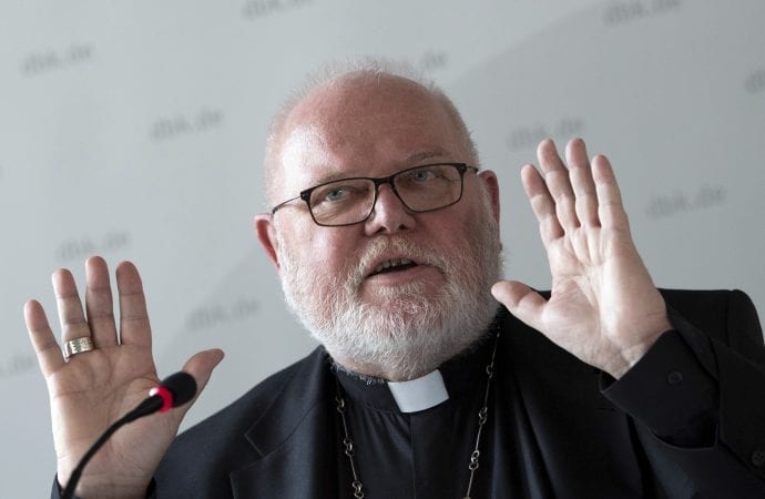Cardinal Reinhard Marx, head of the German Bishops Conference, addresses the media during a press conference in Bonn, Germany, Wednesday, Feb. 12, 2020 on the results of the Amazon Synod of Bishops in Rome. (Credit: Federico Gambarini/dpa via AP.)
