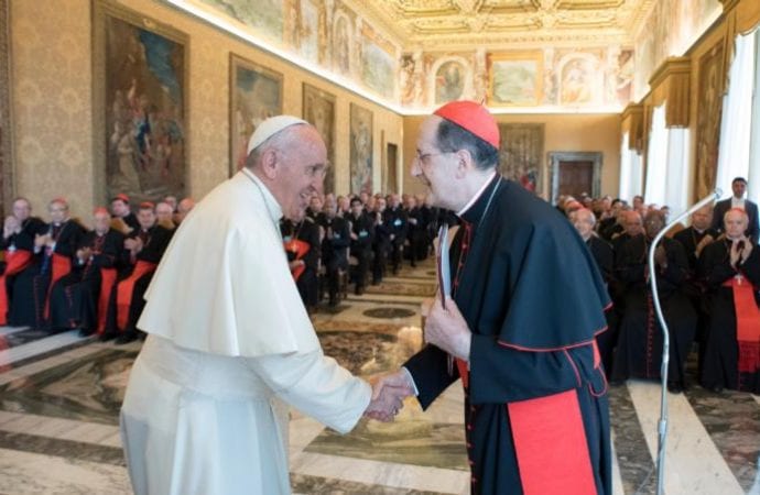 In this file photo, Pope Francis greets Cardinal Beniamino Stella, prefect of the Congregation for Clergy, during an audience with participants in the plenary assembly of the Congregation for Clergy at the Vatican June 1, 2017. (Credit: CNS photo/L'Osservatore Romano.)