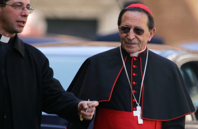 Spanish Cardinal Julian Herranz, the Vatican's top canon law official, leaves a general congregation meeting at the Vatican in this April 15, 2005, file photo. (Credit: Kimimasa Mayama/CNS.)