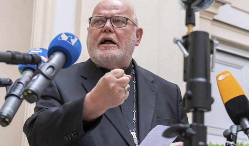 FILE - In this Germany, Friday, June 4, 2021 file photo, Cardinal Reinhard Marx, Archbishop of Munich and Freising, gives a statement to the press in the courtyard of his residence in Munich. Pope Francis refused Thursday, June 10, 2021 to accept the resignation offered by German Cardinal Reinhard Marx over the sex abuse scandal in the church, but said a process of reform was necessary and that every bishop must take responsibility for the “catastrophe” of the crisis. (Peter Kneffel/dpa via AP, File)