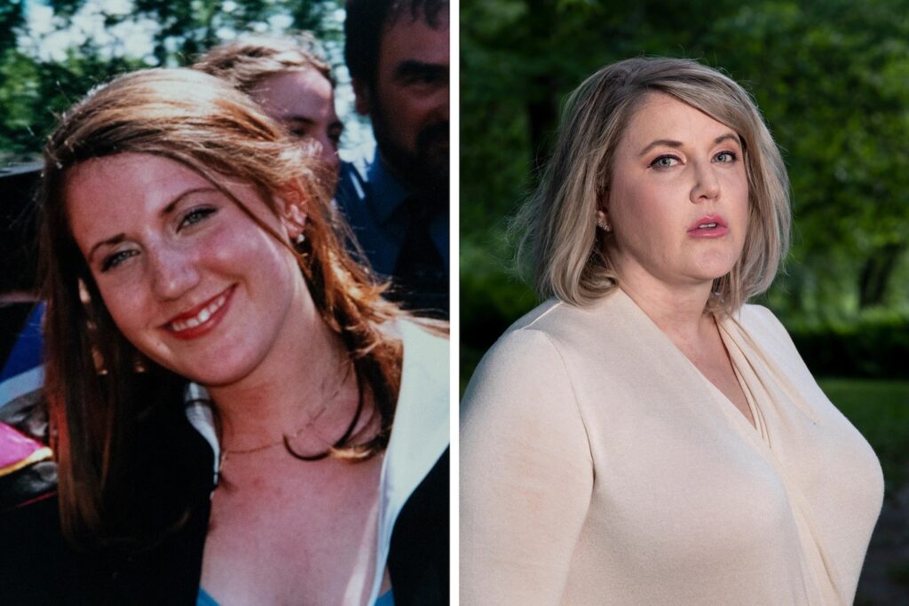 LEFT: Katie Logan is pictured in 2001 at her high school graduation. (Courtesy of Katie Logan) RIGHT: A recent portrait of Logan, who told police in December 2020 that she was molested by a teacher shortly after graduation. (Tim Gruber for The Washington Post)