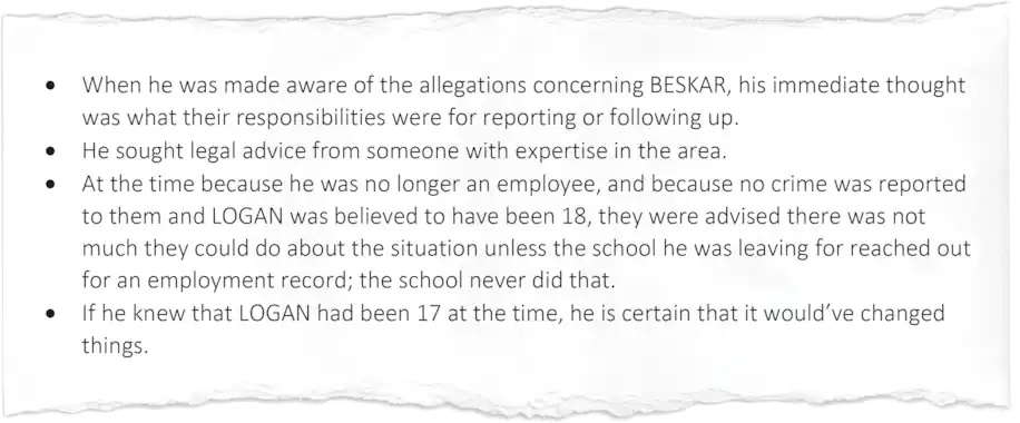 From the detective’s summary of her Feb. 8 interview with Jon Balsbaugh, the former headmaster at the school who is now president of the Trinity Schools board. (Eden Prairie Police Department via Katie Logan)
