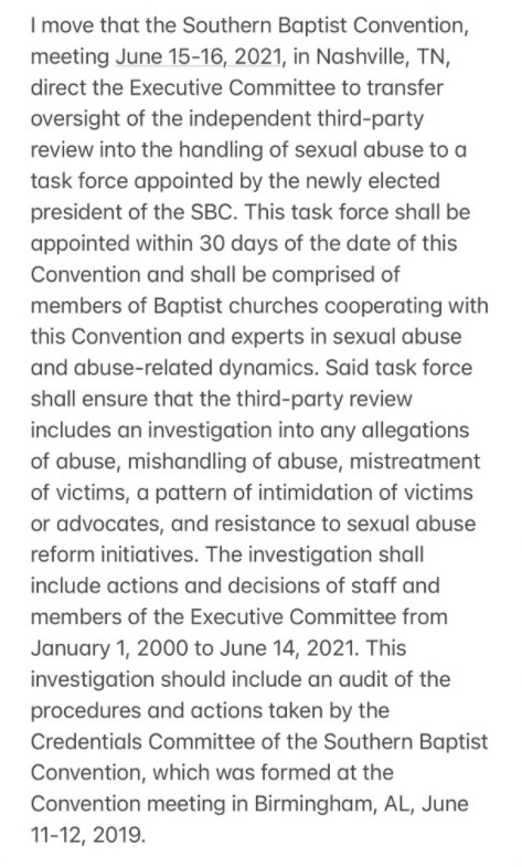 Grant Gaines motion to investigate the SBC Executive Committee's mishandling of sexual abuse cases, posted on Twitter by Ronnie Parrott, part 1.