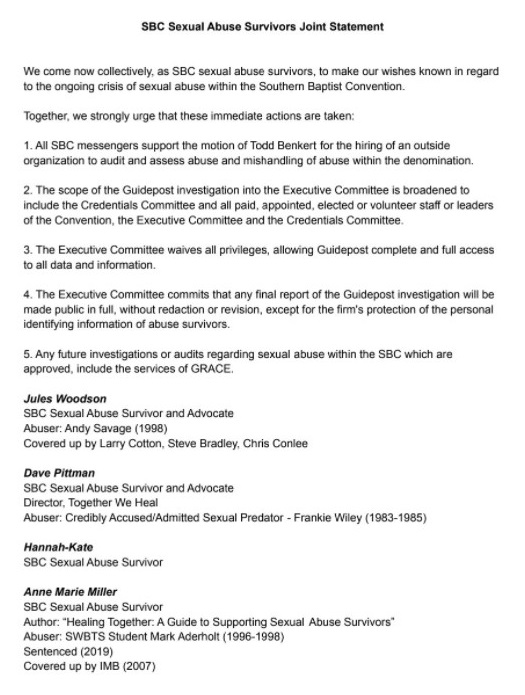 SBC sexual abuse survivors joint statement, as posted on Twitter by Jules Woodson, page 1.