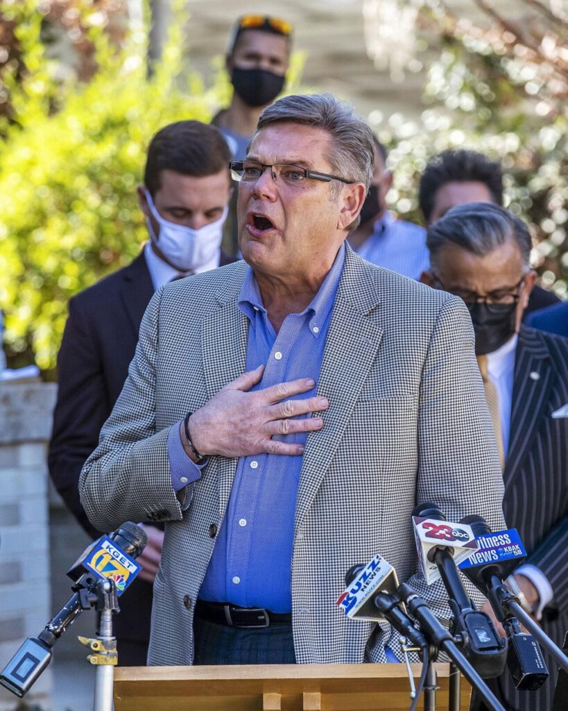 Craig Harrison delivers an emotional address during a news conference at the law offices of Kyle J. Humphrey near downtown Bakersfield in February.  Nick Ellis / For The Californian